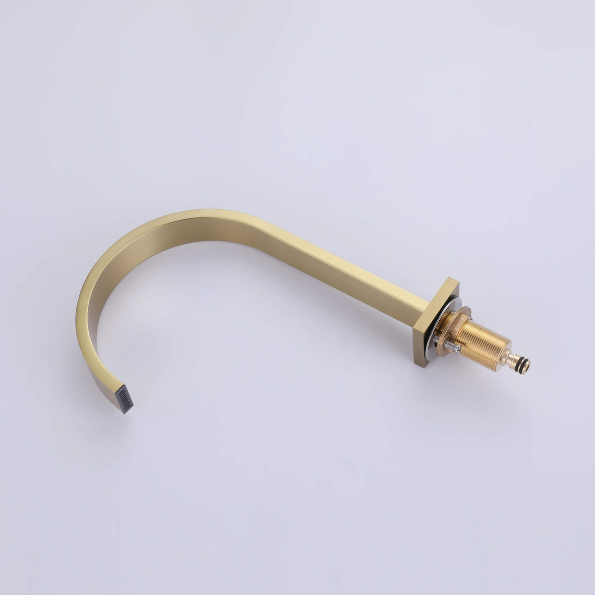 Brushed gold widespread bathroom faucet with modern curved waterfall spout design