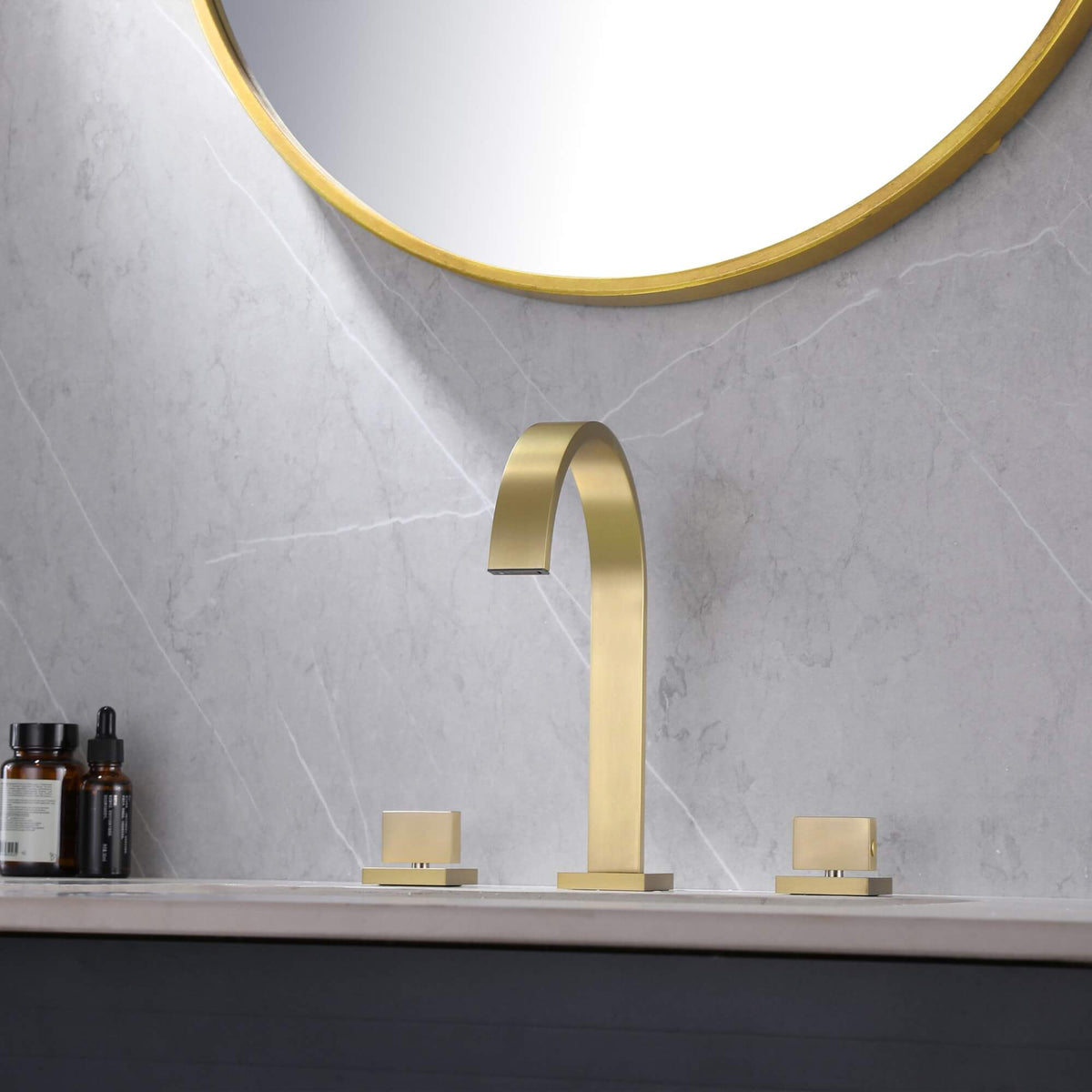 Brushed gold widespread three hole waterfall bathroom faucet with square handles