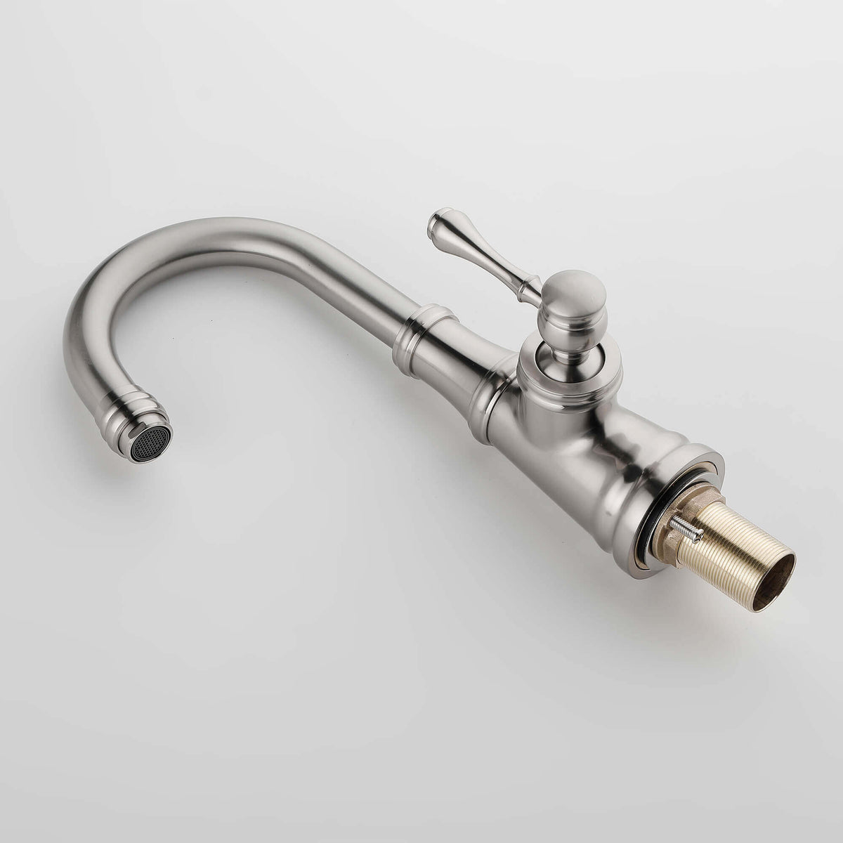 Brushed nickel basin faucet body design with single hole mounting structure