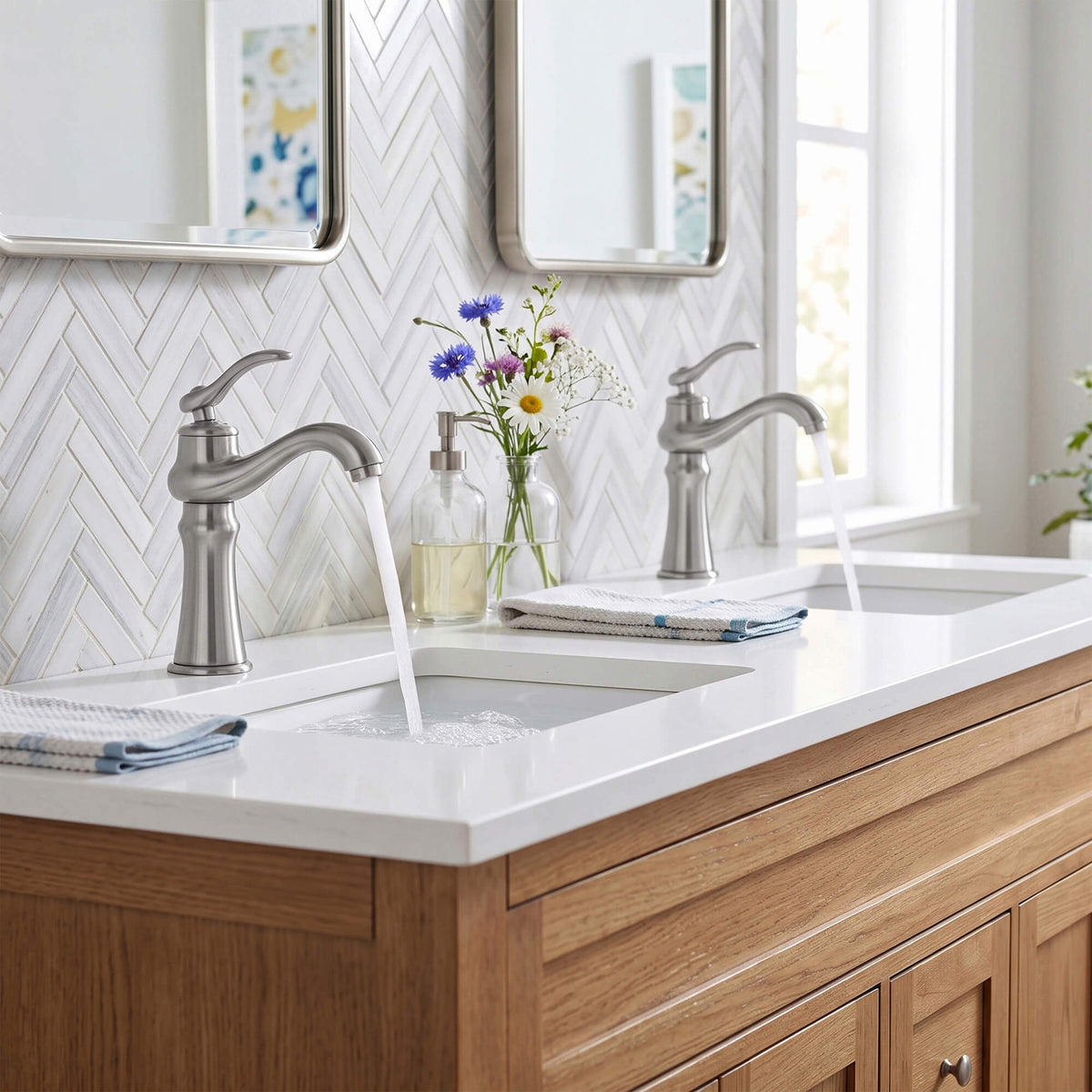 Pair of brushed nickel bathroom sink faucets with smooth water flow