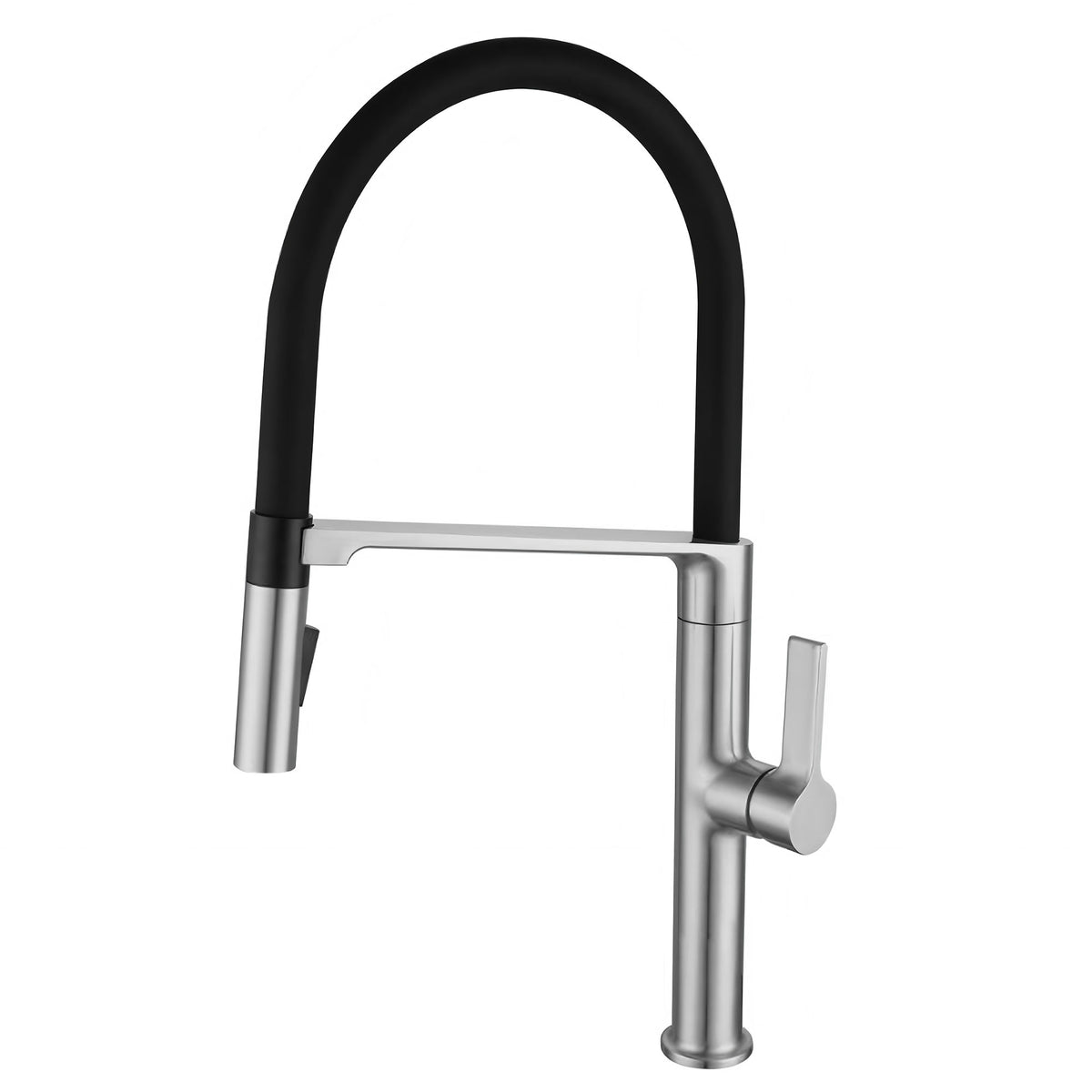 Brushed nickel and black pull-down kitchen faucet with high arc hose and single handle