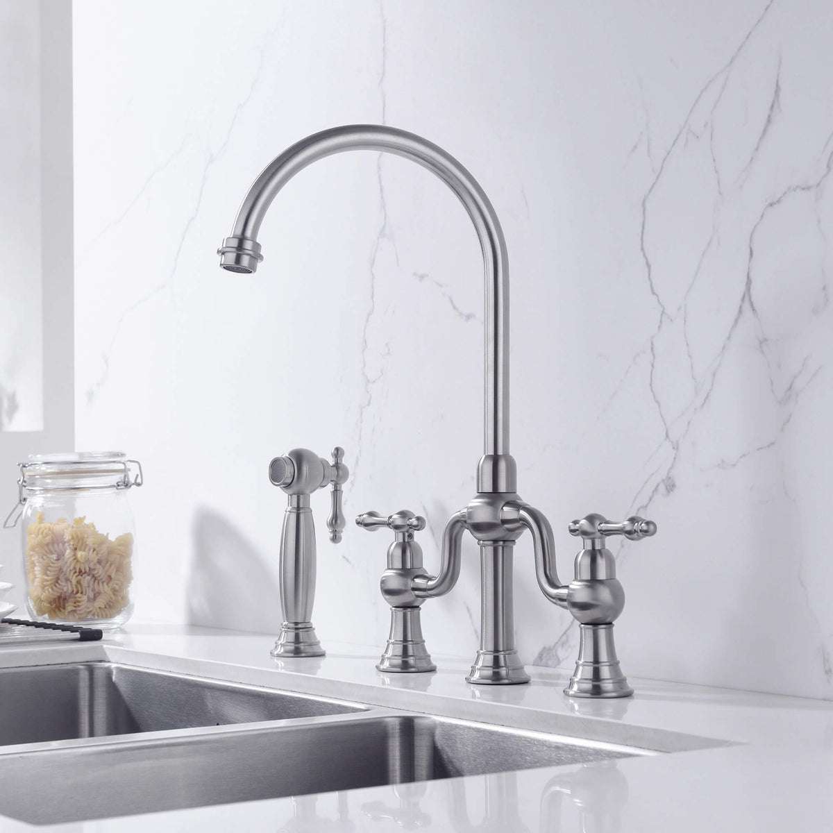 8-Inch Bridge Kitchen Faucet with Side Sprayer 360° Swivel Spout