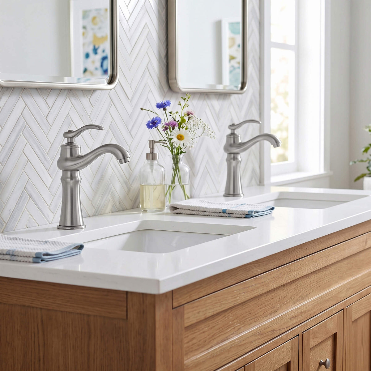 Brushed nickel vanity faucets featured in a modern double sink bathroom design