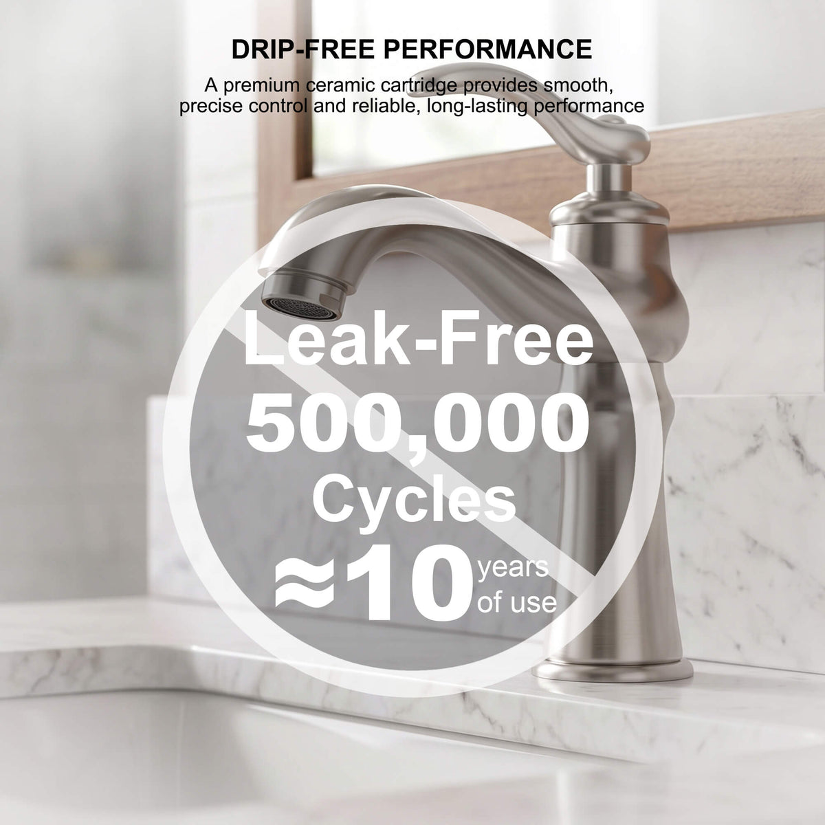 Brushed nickel bathroom faucet featuring ceramic cartridge for reliable leak-free performance