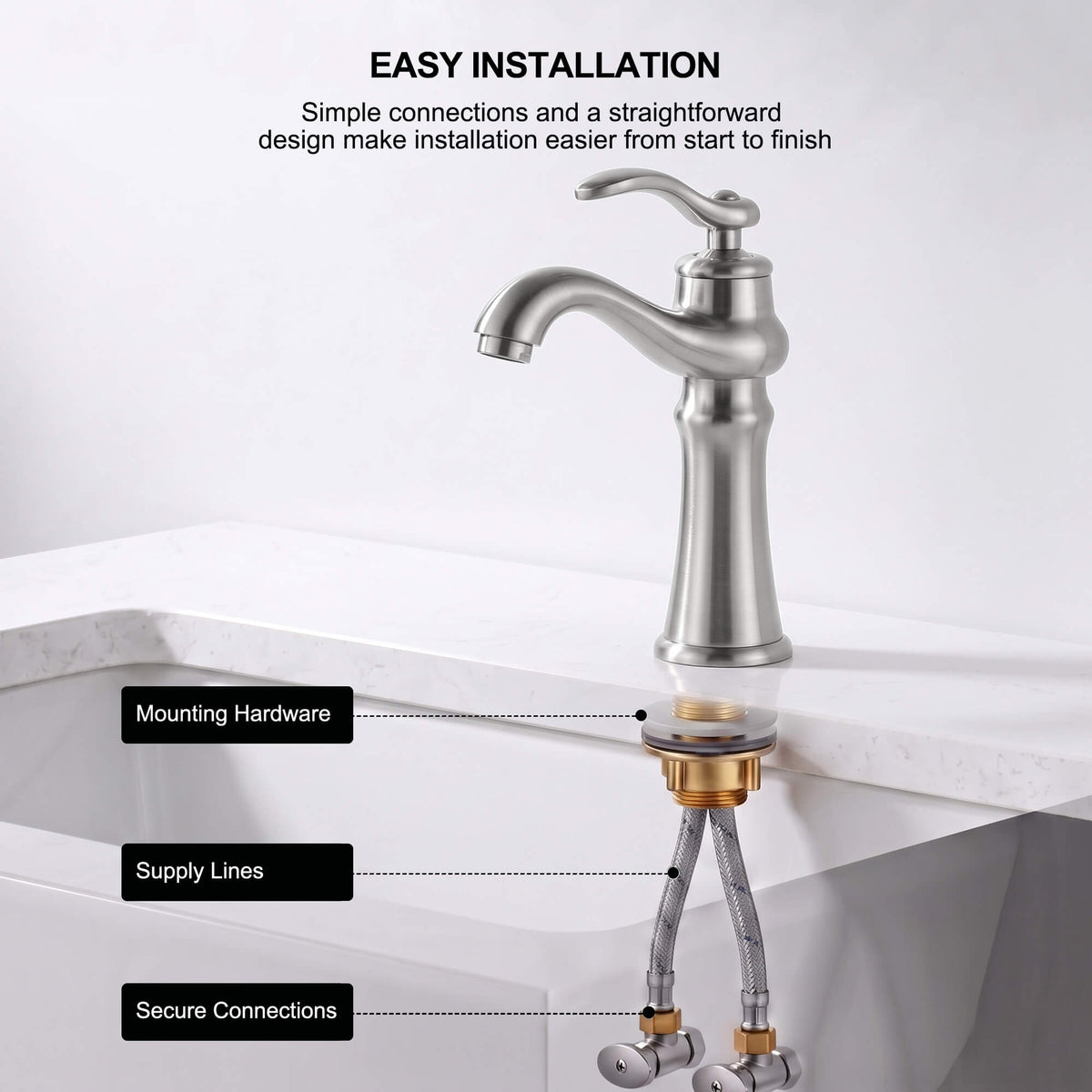Brushed nickel faucet installation hardware with mounting parts and water supply lines
