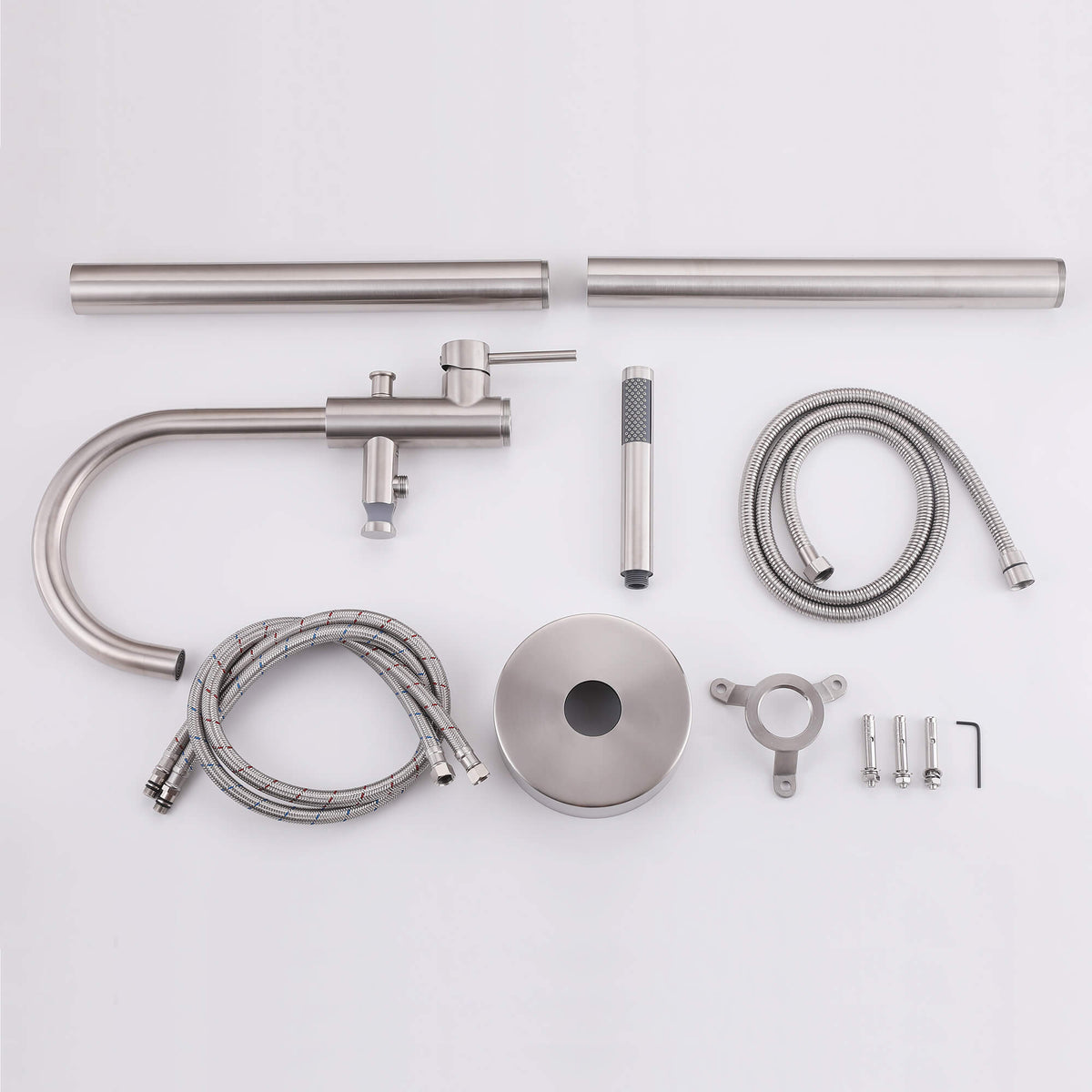Brushed nickel floor mount tub filler with hand shower and installation parts