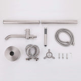 Brushed nickel freestanding tub filler kit with hand shower, hose, floor base, and installation hardware