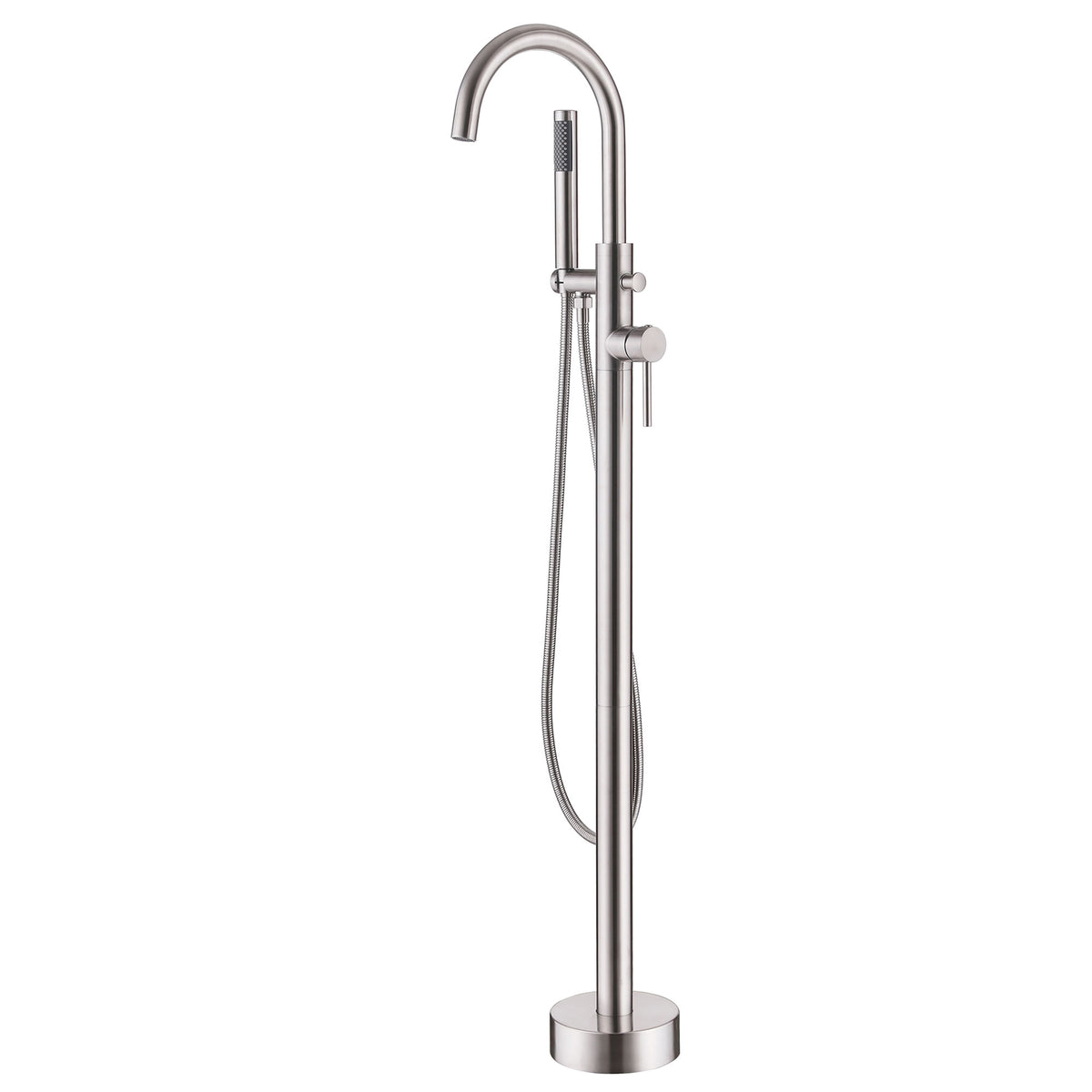 Brushed nickel freestanding tub filler faucet with handheld shower on white background