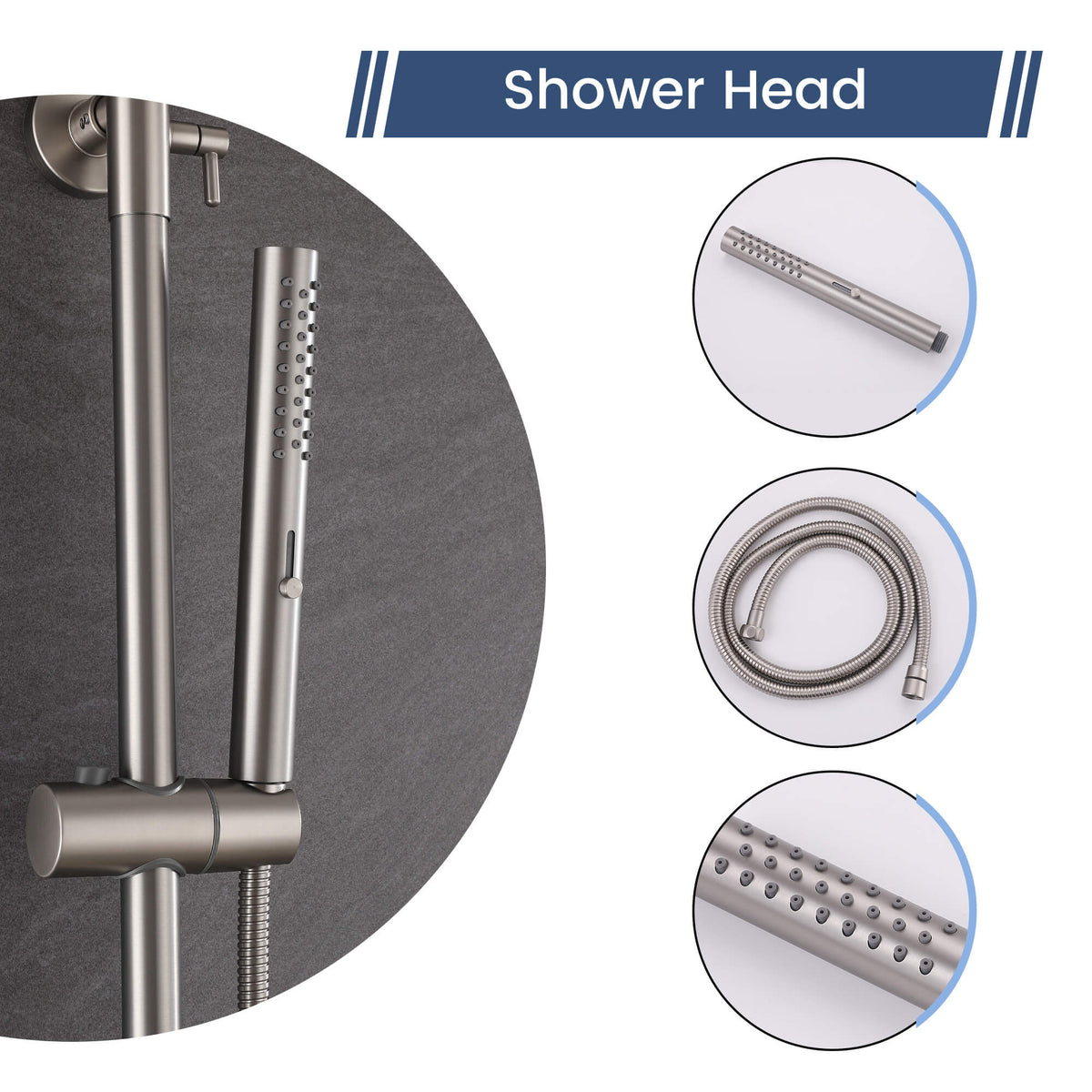 Brushed nickel handheld shower with slim wand, flexible hose, and easy-clean spray nozzles