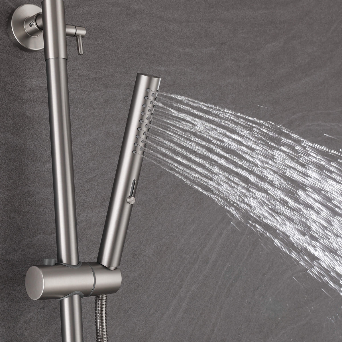 Brushed nickel handheld shower delivering focused jet spray