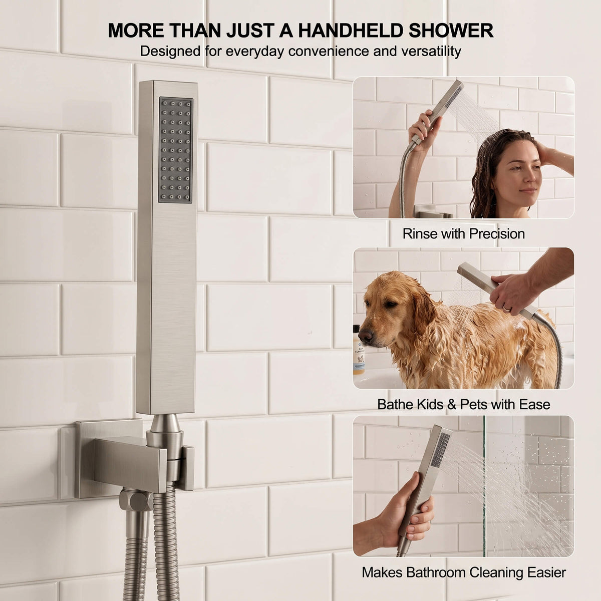Brushed nickel handheld shower sprayer for rinsing, cleaning, and everyday bathroom use