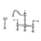 Brushed nickel kitchen bridge faucet with two handles and matching side spray
