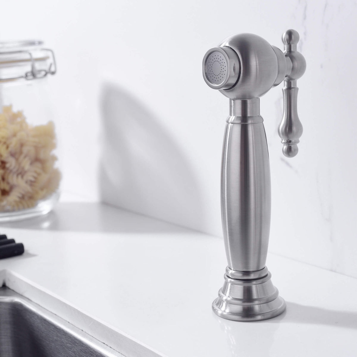 8-Inch Bridge Kitchen Faucet with Side Sprayer 360° Swivel Spout