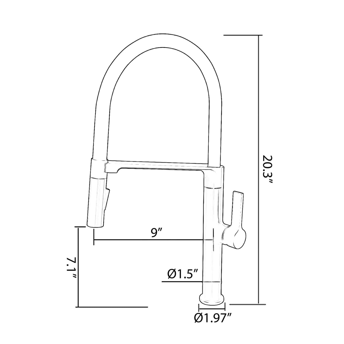 Brushed nickel pull-down kitchen faucet dimension drawing with 20.3 inch height and 9 inch reach