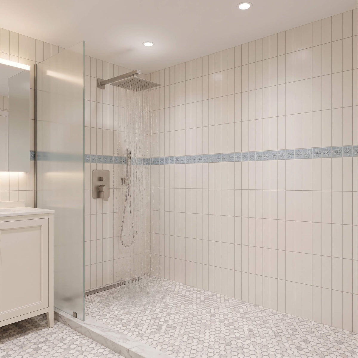 Brushed nickel rainfall shower head providing wide water coverage for a relaxing shower experience