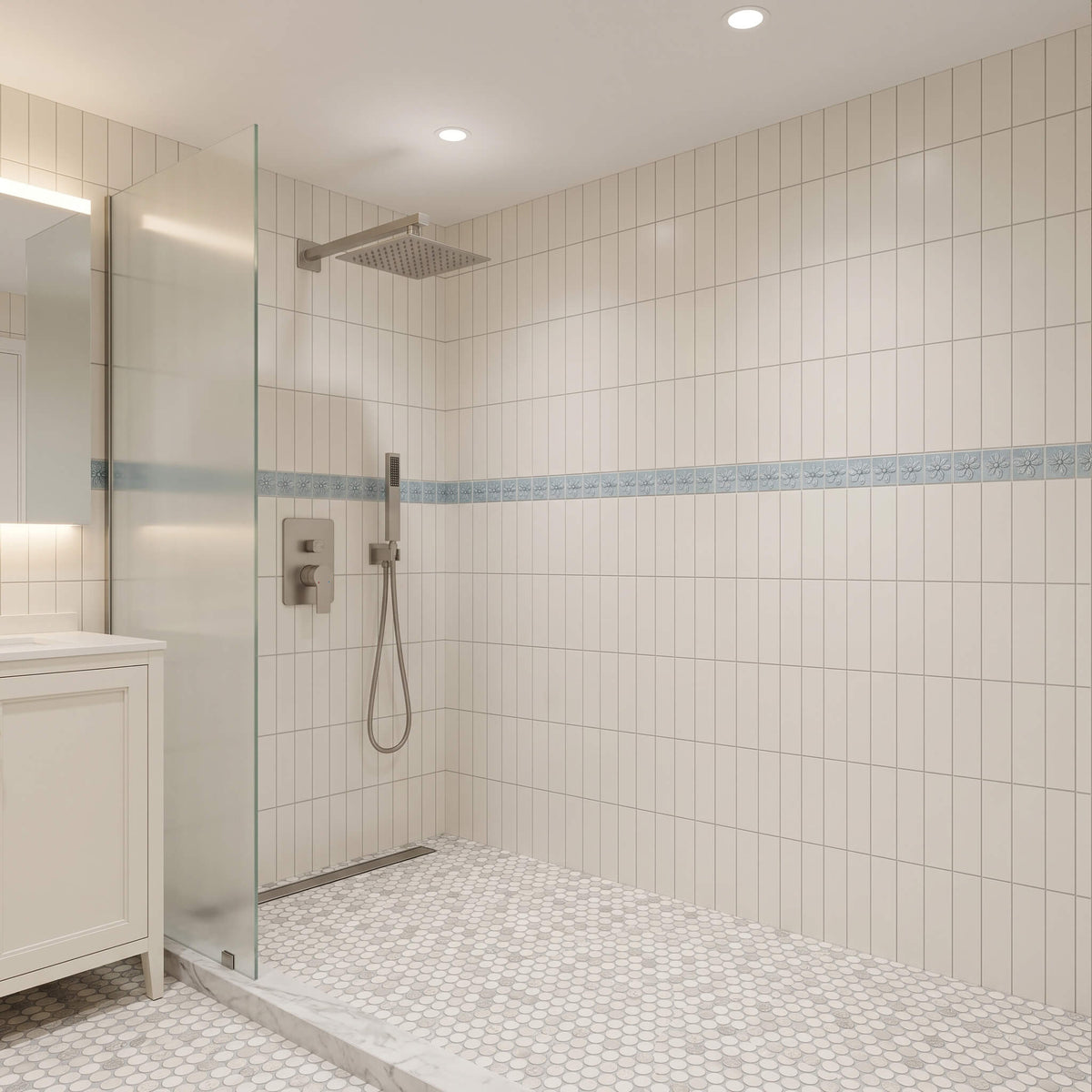 Brushed nickel rain shower system installed in modern bathroom with square shower head and handheld sprayer