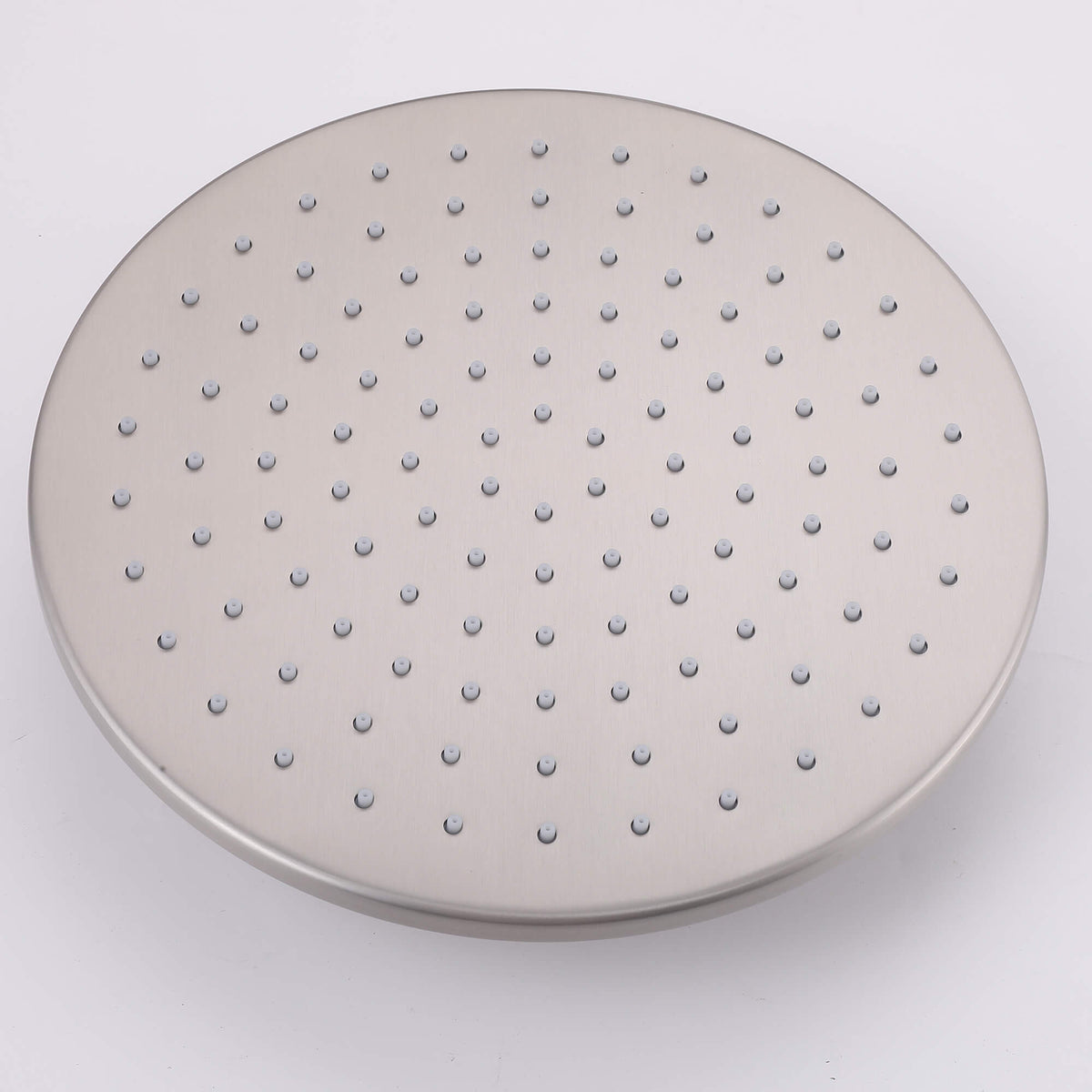 Round brushed nickel rain shower head with easy-clean silicone nozzles
