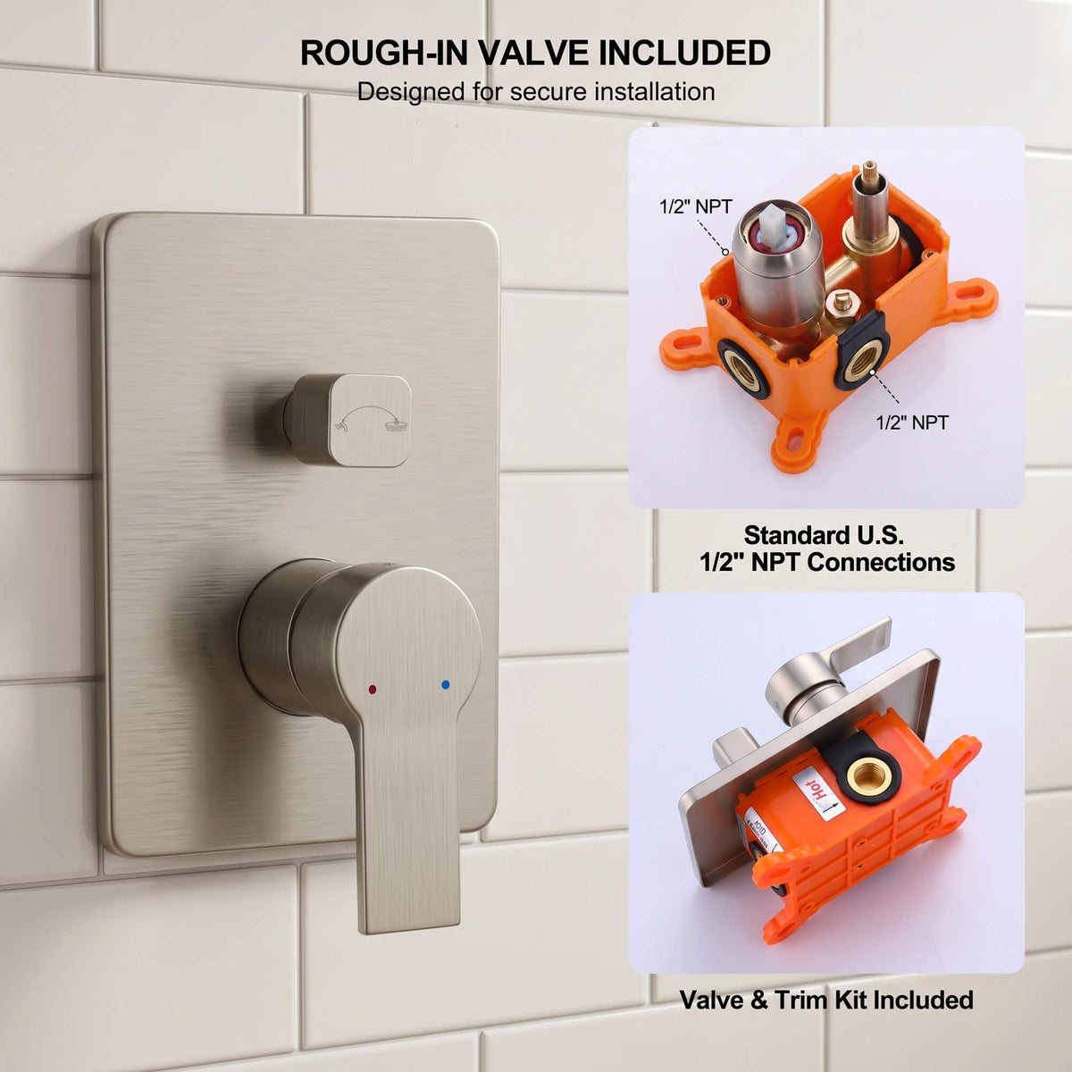 Brushed nickel shower faucet system with included rough-in valve and standard 1/2 inch NPT connections