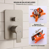 Brushed nickel shower faucet system with included rough-in valve and standard 1/2 inch NPT connections