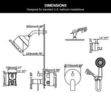 Technical measurements for the 5.91-inch overhead fixture, 6.69-inch valve trim, shower arm and handheld connection
