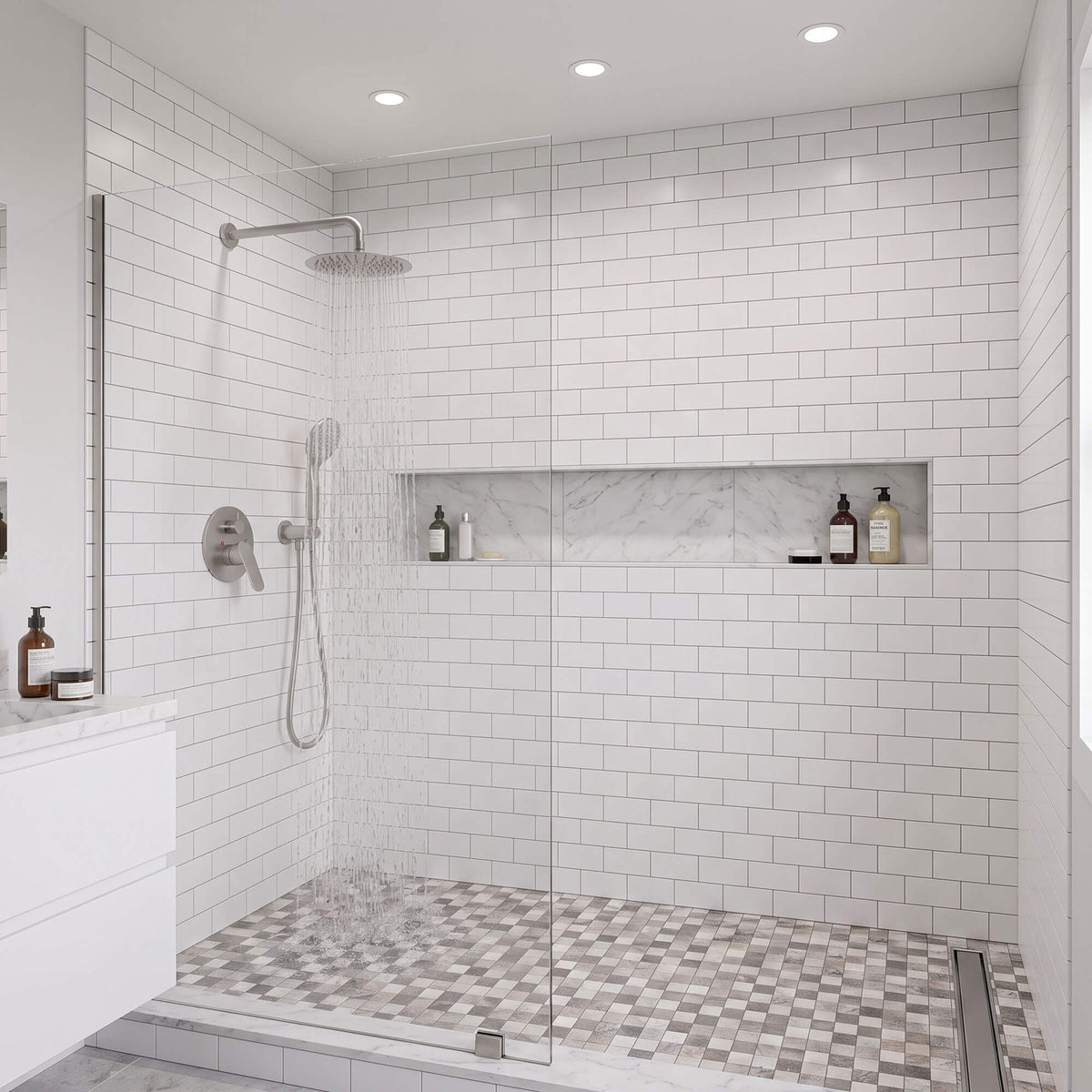 Brushed nickel shower system with rainfall shower head and handheld shower for modern bathroom