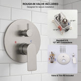 Brushed nickel shower system with included rough-in valve and standard 1/2-inch NPT connections