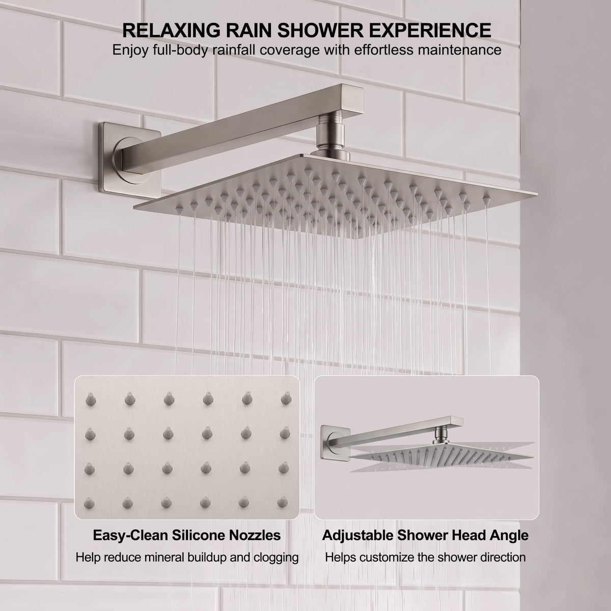 Brushed nickel square rain shower head with easy-clean silicone nozzles and adjustable shower angle