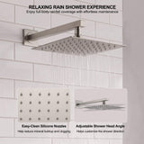 Brushed nickel square rain shower head with easy-clean silicone nozzles and adjustable shower angle