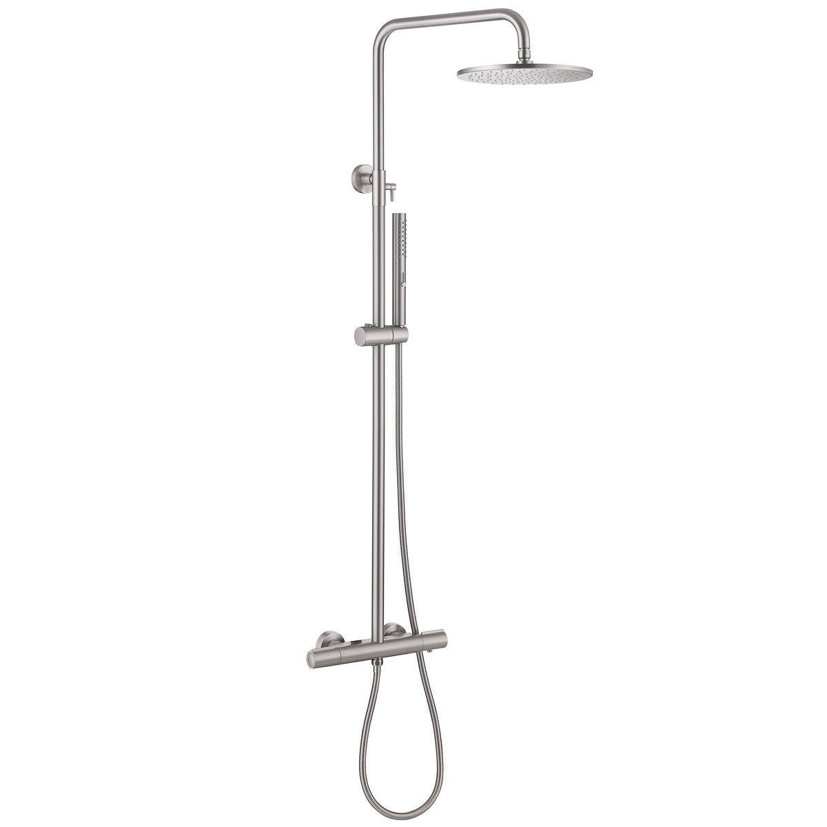 Brushed nickel thermostatic shower system with round rain shower and handheld shower