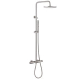 Brushed nickel thermostatic shower system with round rain shower and handheld shower