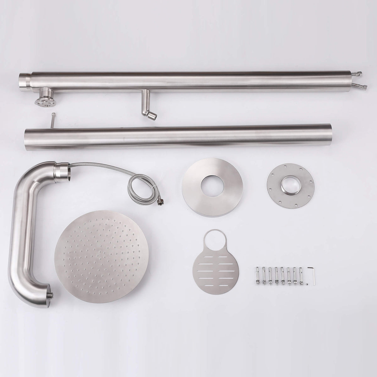 Freestanding Poolside Outdoor Shower with 12-Inch Rainfall Head, Foot Rinse Spout, Shelf & Towel Hook