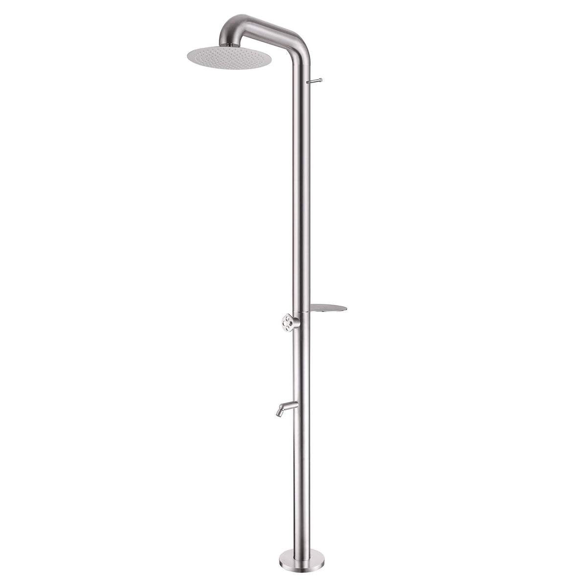Freestanding Poolside Outdoor Shower with 12-Inch Rainfall Head, Foot Rinse Spout, Shelf & Towel Hook