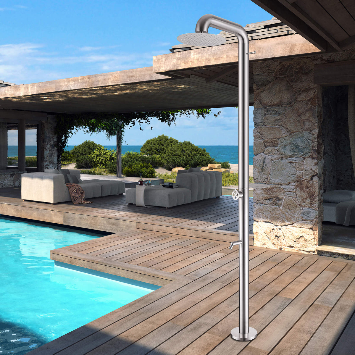 Freestanding Poolside Outdoor Shower with 12-Inch Rainfall Head, Foot Rinse Spout, Shelf & Towel Hook