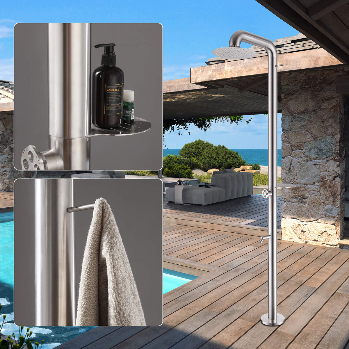 Freestanding Poolside Outdoor Shower with 12-Inch Rainfall Head, Foot Rinse Spout, Shelf & Towel Hook