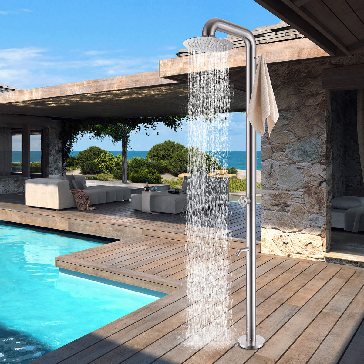 Freestanding Poolside Outdoor Shower with 12-Inch Rainfall Head, Foot Rinse Spout, Shelf & Towel Hook
