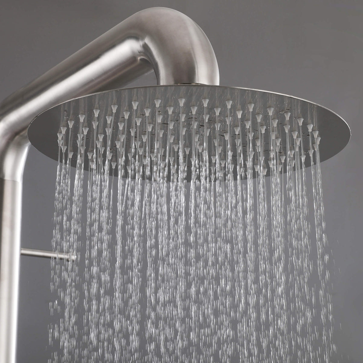 Freestanding Poolside Outdoor Shower with 12-Inch Rainfall Head, Foot Rinse Spout, Shelf & Towel Hook