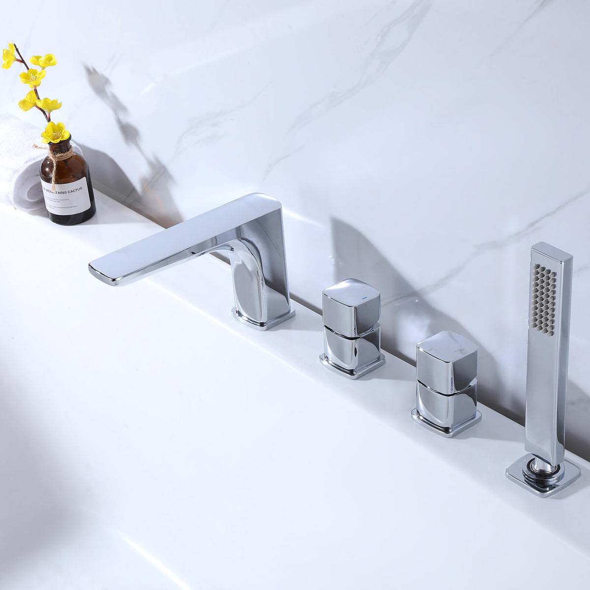 4-Hole Deck-Mount Tub Faucet with Extended Spout and Hand Shower