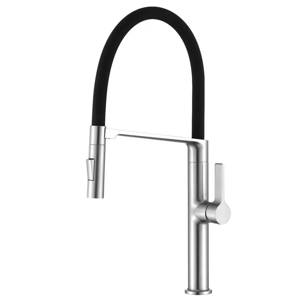 Chrome pull-down kitchen faucet with black high arc hose and single handle design