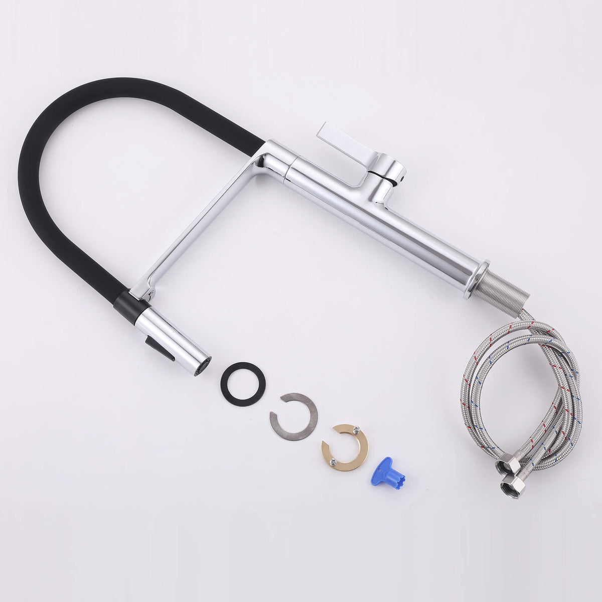 Chrome kitchen faucet with supply hoses mounting parts and installation accessories