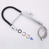 Chrome kitchen faucet with supply hoses mounting parts and installation accessories