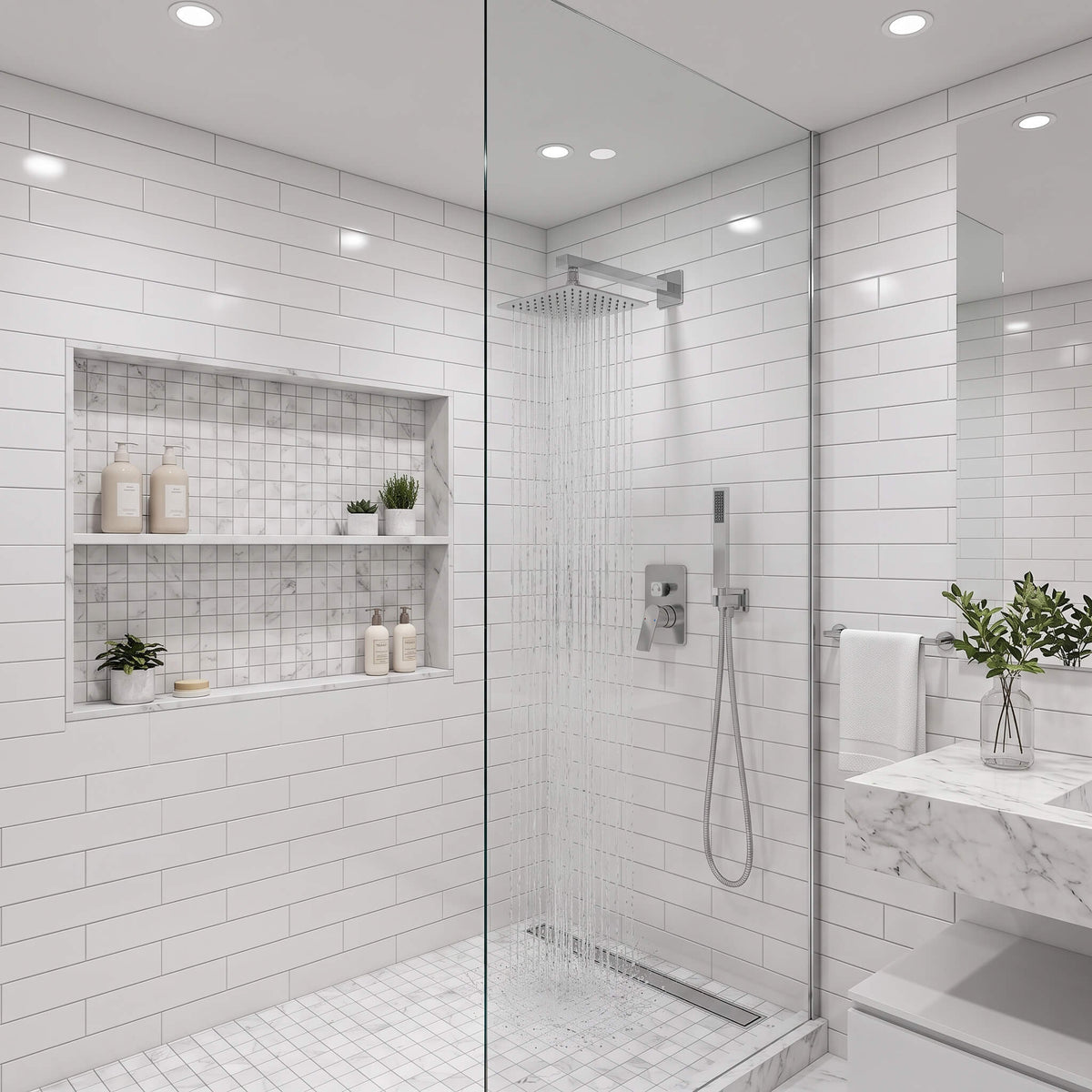 Chrome rainfall shower head delivering full body water coverage for a relaxing shower experience