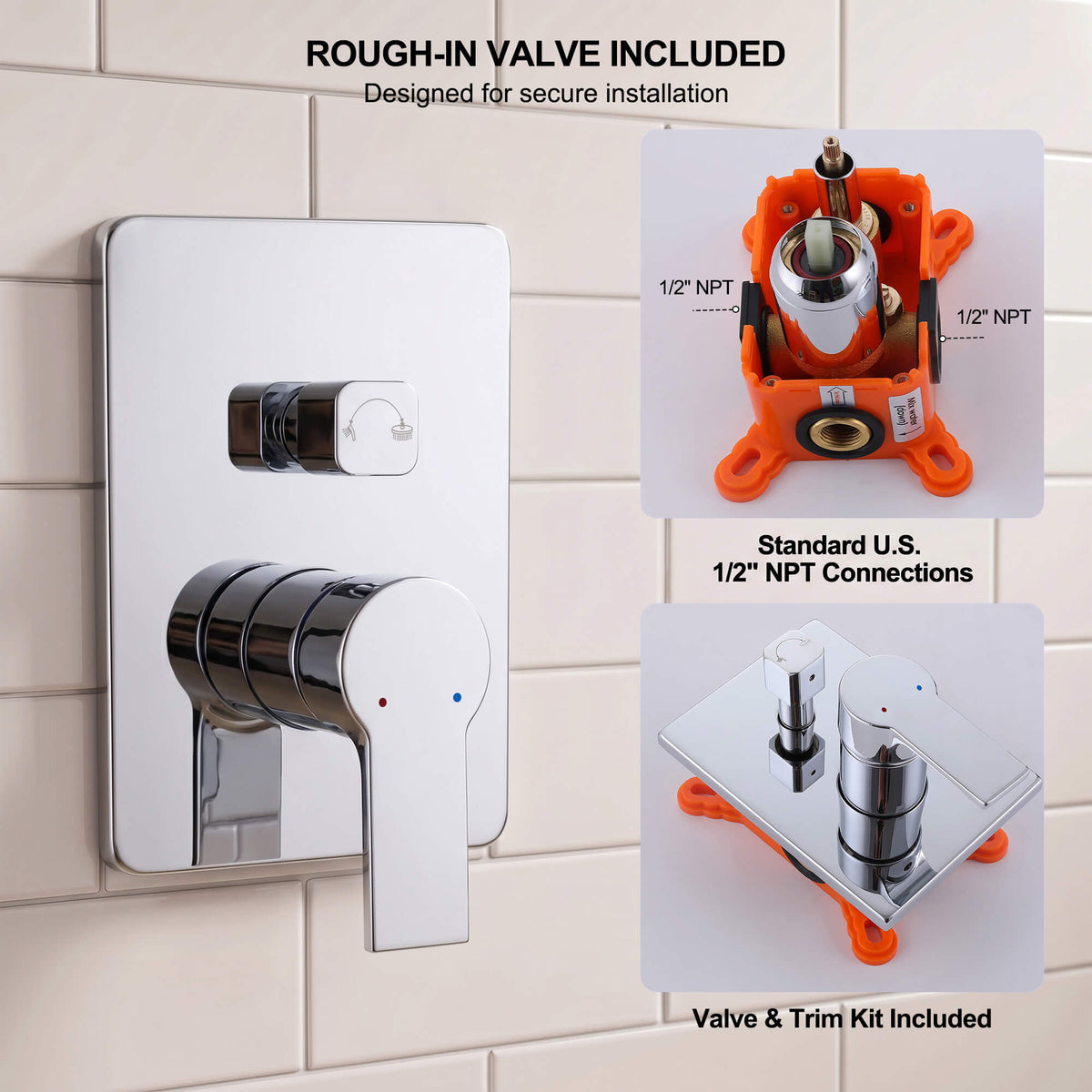 Polished chrome shower faucet system with included rough-in valve and standard 1/2 inch NPT connections