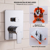 Polished chrome shower faucet system with included rough-in valve and standard 1/2 inch NPT connections
