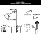 Measurement diagram showing the 5.91-inch overhead head, 6.69-inch control plate, valve depth and handheld outlet sizes