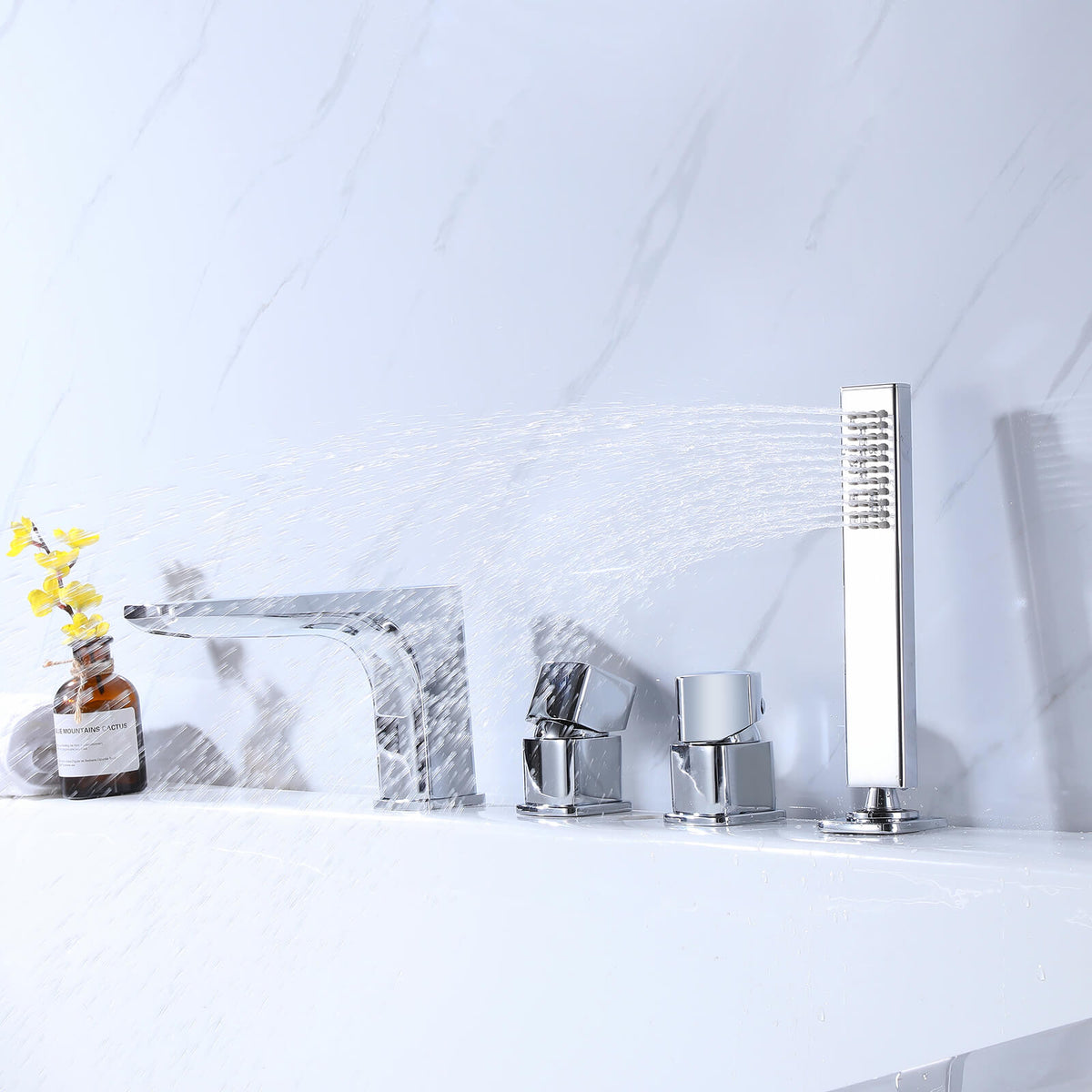 4-Hole Deck-Mount Tub Faucet with Extended Spout and Hand Shower