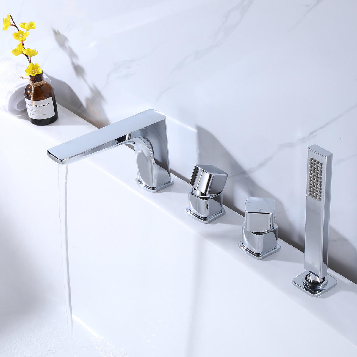 4-Hole Deck-Mount Tub Faucet with Extended Spout and Hand Shower