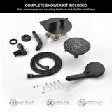 Full bathroom shower package with overhead spray head, handheld wand, hose, wall bracket, mixer controls and installation hardware
