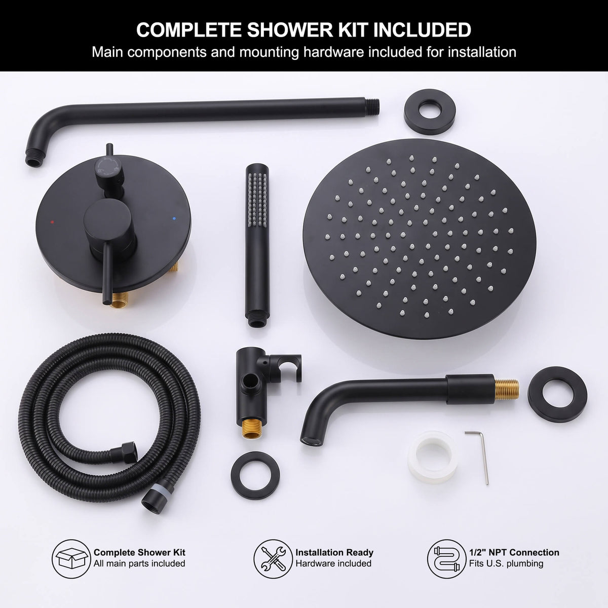 Full tub and shower installation bundle including rain head, hand shower, hose, wall arm, bath spout and valve hardware