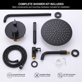 Full tub and shower installation bundle including rain head, hand shower, hose, wall arm, bath spout and valve hardware
