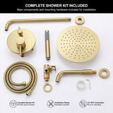 Full gold shower installation bundle with rain head, wall arm, hand spray, hose, holder, bath faucet and mounting accessories